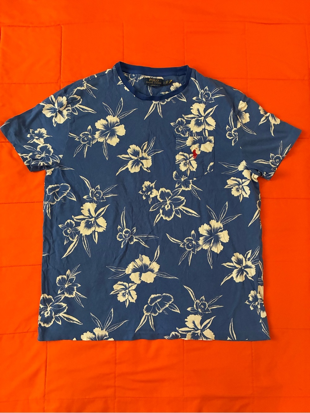 polo ralph lauren t shirt men Large custom slim fit blue tropical hibiscus print
